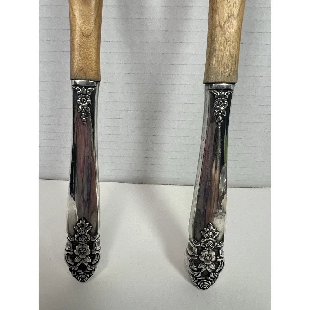 Oneida Prestige Distinction Wooden Teak Silverplate Salad Serving Fork Spoon Set